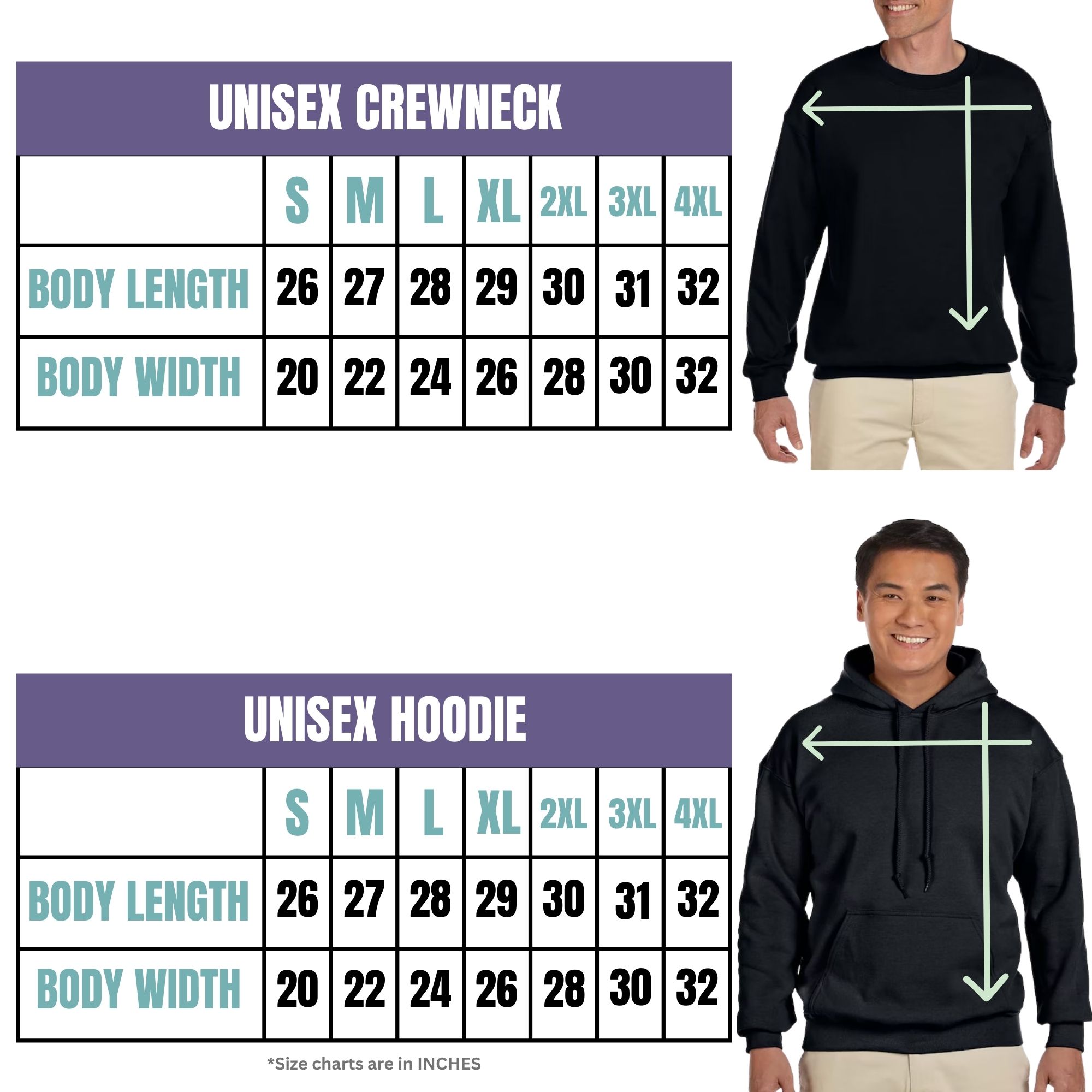 Crewneck and Hoodie Size Chart